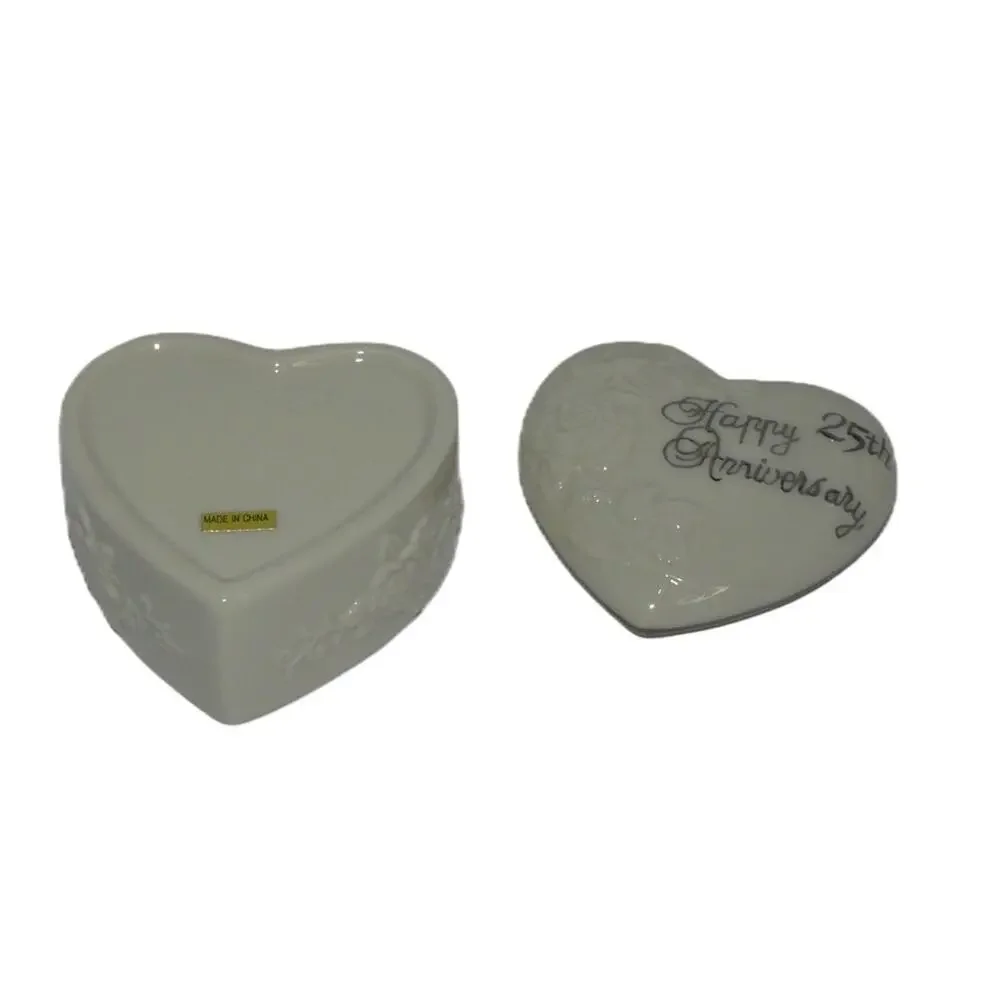 Heart-Shaped Porcelain Happy 25th Anniversary Trinket Box Rose Embossed Design